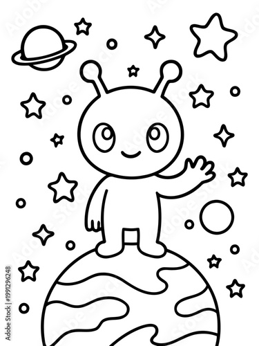 Cute Alien on Planet in Space: A friendly, cartoon alien character waves from atop a planet in space, surrounded by stars and celestial bodies, creating a sense of wonder and cosmic adventure.