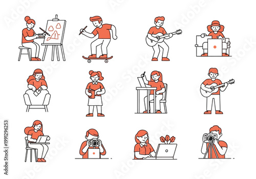 Creative People Hobbies and Activities Illustration Set - Minimal Line Art Vectors of Artist, Musician, Photographer, and Writer Characters