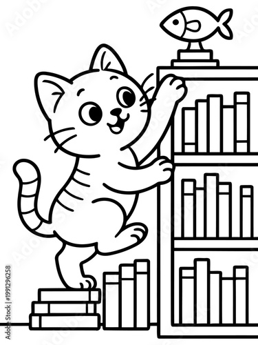 Curious Cat's Literary Pursuit: A playful kitten, brimming with curiosity, stretches towards a decorative fish atop a towering bookshelf, exploring the world of knowledge.