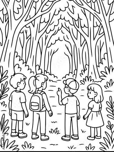 Kids' Adventure in the Woods: Four children stand at the entrance of a forest, eagerly anticipating the adventures that lie ahead, surrounded by a canopy of trees and lush vegetation.