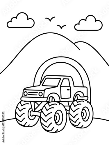 Monster Truck Adventure: A bold black and white illustration of a formidable monster truck navigating a tunnel, capturing a sense of power and excitement.