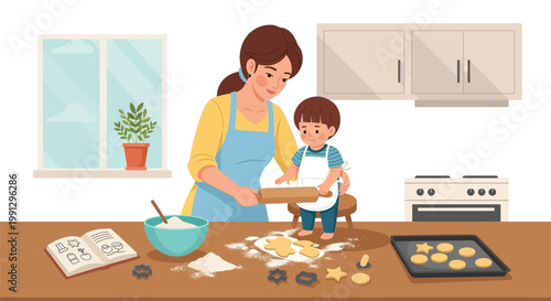 A mother and her young son baking cookies together in the kitchen.