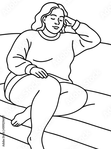 Serene Solitude: A woman finds peace and quiet, nestled on a soft sofa, her eyes closed in peaceful repose. She embodies a moment of calm reflection.