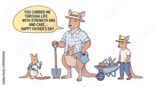 Father's Day with kangaroo dad: A heartwarming illustration of a kangaroo father and his children celebrating Father's Day, showcasing paternal love and care through a charming garden scene.
