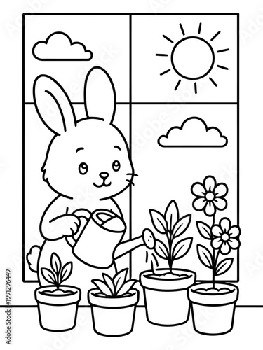 Bunny and Blooming Garden: a cheerful rabbit tends to a vibrant array of potted plants by a sunny window, nurturing growth and bringing nature indoors.