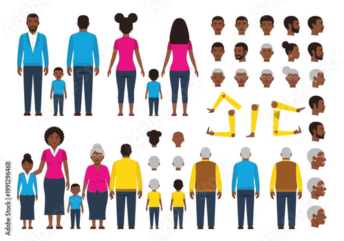 African American Family Character Animation Kit, Vector Flat People Construction Set with Multigenerational Avatars, Front and Back Views
