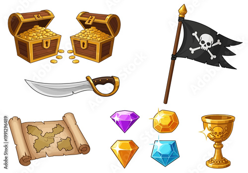 Pirate Treasure and Adventure Icons Collection with Golden Chests, Jolly Roger Flag, Sword, Map, and Gems Isolated on White