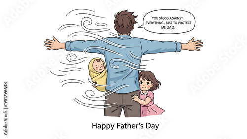 Father's Embrace: A heartwarming illustration depicts a father figure protecting his children, embodying strength, love, and protection against the winds of adversity on father's day.