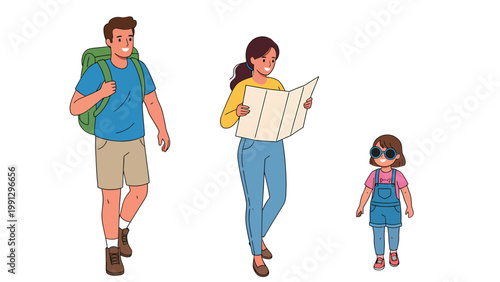 Family on a Trip: Parents with Map and Backpack, Child in Sunglasses - Flat Vector Illustration