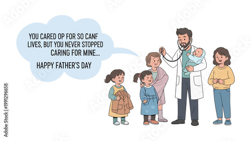 A Father's Day Tribute: A heartwarming illustration showing a caring doctor, surrounded by children, symbolizing the dual roles of a healthcare provider and a loving father. 