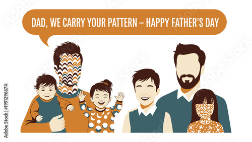 Father's Day Warmth: A heartwarming illustrated depiction of fatherhood, families and love, conveying the spirit of Father's Day, with a message of carrying on a family's legacy.