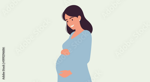 Happy pregnant woman holding her belly in a flat illustration style.