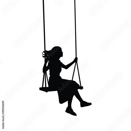 Silhouette of a girl sitting on a swing, isolated on transparent background. Great for childhood, leisure, and outdoor concepts.