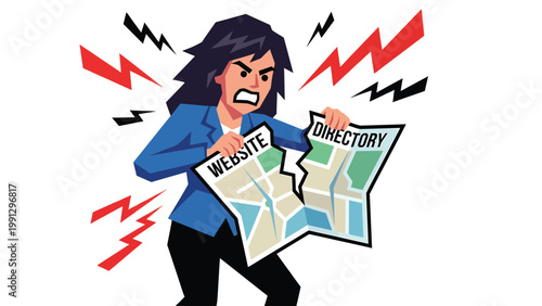 Frustrated woman tearing website directory map, symbolizing anger over poor online navigation, website errors, or digital confusion.