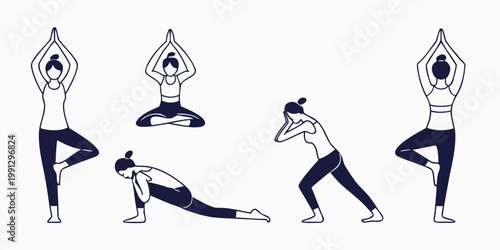 Yoga poses set featuring women performing various stretching exercises and meditation positions exercise meditation stretching wellness lifestyle training relaxation activity mindfulness