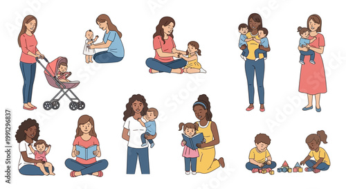 Set of diverse mothers and children in various daily life activities.