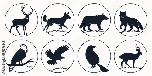 Set of wild animal silhouettes in circular frames with silhouette wildlife collection isolated predator creature wilderness circular illustration woodland environment biological