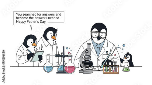 Father's Day Science with Penguins: A heart-warming illustration of penguins in lab coats, engaging in a science experiment with various equipment, accompanied by a Father's Day message.