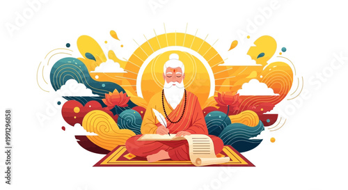 Ancient Indian Sage Writing Sacred Texts Under Radiant Sun