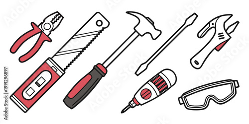 Handheld tools and safety gear vector icons with screwdriver equipment construction maintenance handyman building industry hardware workshop carpentry technical engineering craftsman