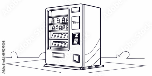 Simple line drawing of drink vending machine with automated business illustration monochrome isolated convenience commerce beverage consumer selfservice equipment vendingmachine marketing