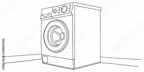 Front loader washing machine line art drawing with appliance domestic housework equipment illustration monochrome household automated technology interior whitegoods electric minimalist