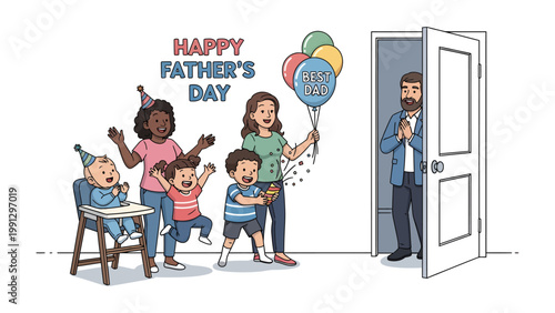 A Father's Day Surprise: A heartwarming illustration captures a family's anticipation and love on Father's Day, with a mother and children surprising their father with balloons and joyful expressions.