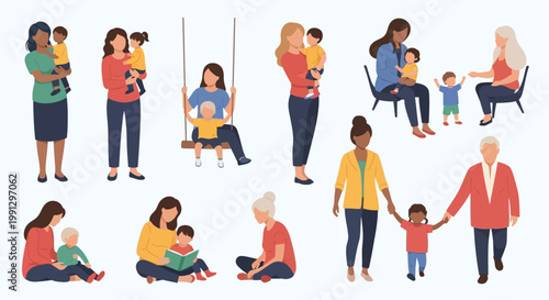Set of diverse illustrations featuring parents and grandparents interacting with their children.