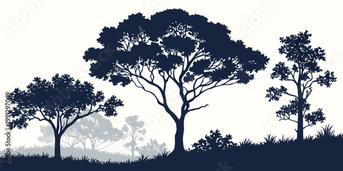 Landscape with silhouettes of trees on a grassy hill silhouette landscape woodland outdoors illustration environment background wildlife minimalist botanical vegetation panoramic parkland