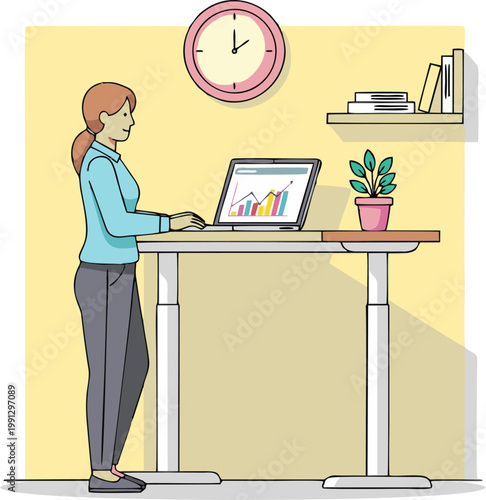 Woman Standing Working on a Laptop at an Adjustable Desk in a Modern Office with Good Posture