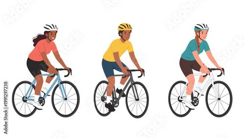 Diverse cyclists riding bikes, wearing helmets and sportswear. Active lifestyle, fitness, and outdoor recreation illustration.