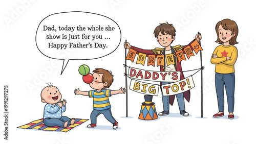 Father's Day Show: A heartwarming scene unfolds as a young family sets up a special performance, honoring fatherhood with a Daddy's Big Top show filled with love and celebration.