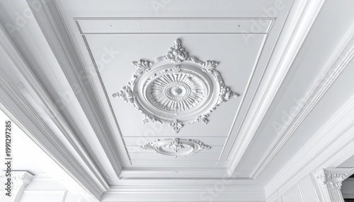 Elegant White Plaster Ceiling Medallion with Ornate Details.
