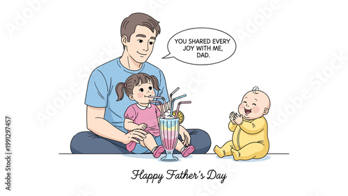 Joyful Father's Day Scene: A tender scene depicts a father sharing a joyful moment with his two children, capturing the essence of Father's Day with an illustration full of warmth.