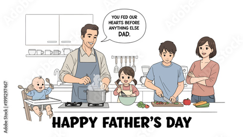 Family Cooking Celebration: In a cozy kitchen scene, a father and his children joyfully prepare a meal together on Father's Day, illustrating the warmth of familial love.