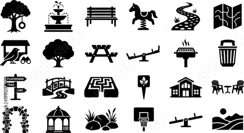 Collection of hand-drawn park and playground icons including a bench, fountain, seesaw, tire swing, and picnic table in a black and white sketch illustration style