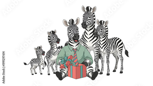 Gift-Giving Zebra Family: A zebra family gathers to celebrate the joy of giving, with the father zebra holding a wrapped gift and the others looking on with anticipation.