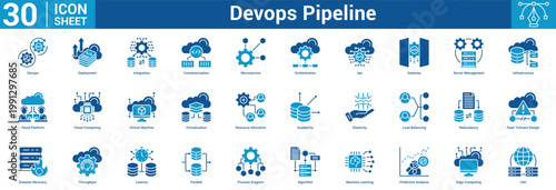 Devops Pipeline editable icon set vector illustration concept for business with icon of Devops, Deployment, Integration, Containerization, Microservice, Orchestration, Api, Gateway, Server Management.