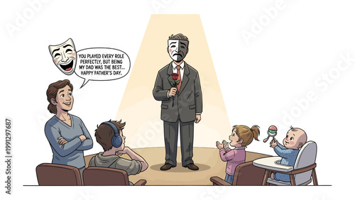 Father's Day🎭: A poignant illustration captures a father on stage, holding a single rose while addressing his children with theatrical masks.