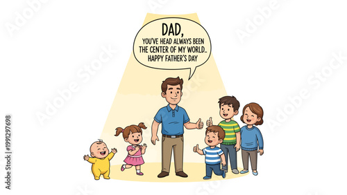 Father's Day Dedication: A heartwarming illustration captures a father's special day, surrounded by his children, a beacon of familial love and appreciation. 
