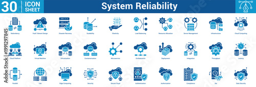 System Reliability editable icon set vector illustration concept for business with icon of Redundancy, Fault Tolerant Design, Disaster Recovery, Scalability, Elasticity, Load Balancing, Resourc.
