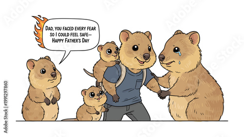 Quokka Family on Father's Day: An adorable scene depicts a heartwarming moment with a quokka family, celebrating Father's Day with an emotive exchange of words and gestures.