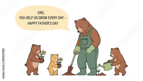 Happy Father's Day from Bear Family: An heartwarming illustration of a bear family celebrating Father's Day, with the father bear tending a garden while the cubs assist.