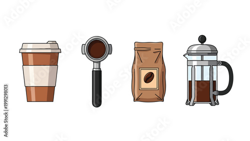 Collection of coffee essentials: Takeaway cup, portafilter, coffee beans bag, and French press illustration