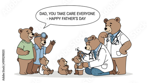 Father's Day Bear Doctor Family: A heartwarming illustration depicts a bear family at a medical checkup, with the father bear, dressed as a doctor, caring for his children on Father's Day.