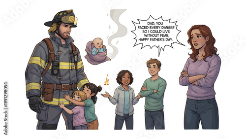 Father's Day Dedication: A tender depiction honors a heroic firefighter's dedication to his family. This illustration conveys the courage, sacrifice.