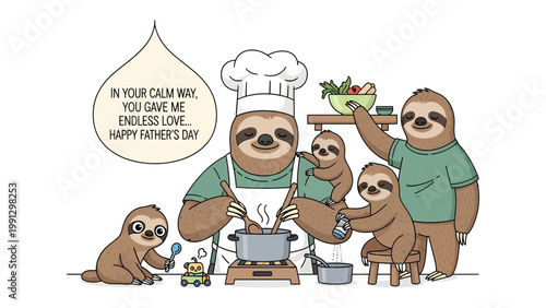 Father's Day Feast: A heartwarming family scene where a sloth dad, adorned in a chef hat, prepares a Father's Day meal for his beloved family, embracing the theme of love and togetherness.