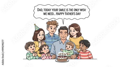 Father's Day Wish: A heartwarming scene unfolds as a family gathers around their father to celebrate Father's Day, their smiles reflecting the shared joy and love within this special family occasion.