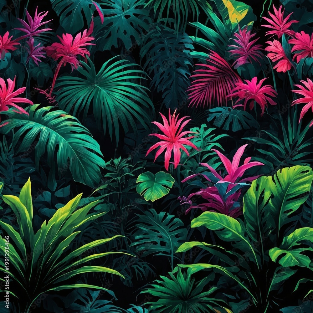 Fototapeta premium Lush jungle foliage with vibrant pink and green leaves tropical plants