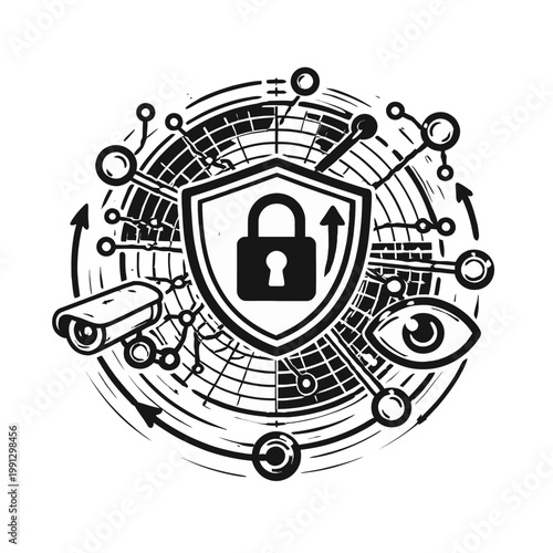Digital Security and Surveillance Concept with a Padlock, CCTV Camera, and Eye Symbol
